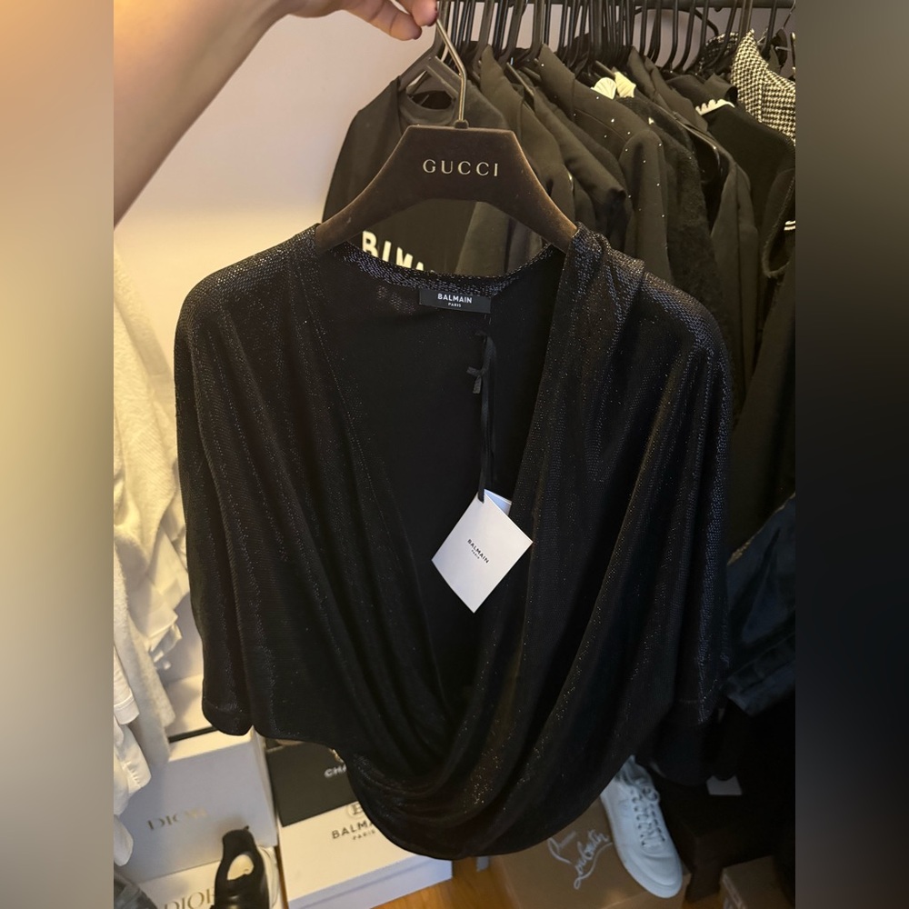 Balmain Draped lurex jersey Metallic Black blouse